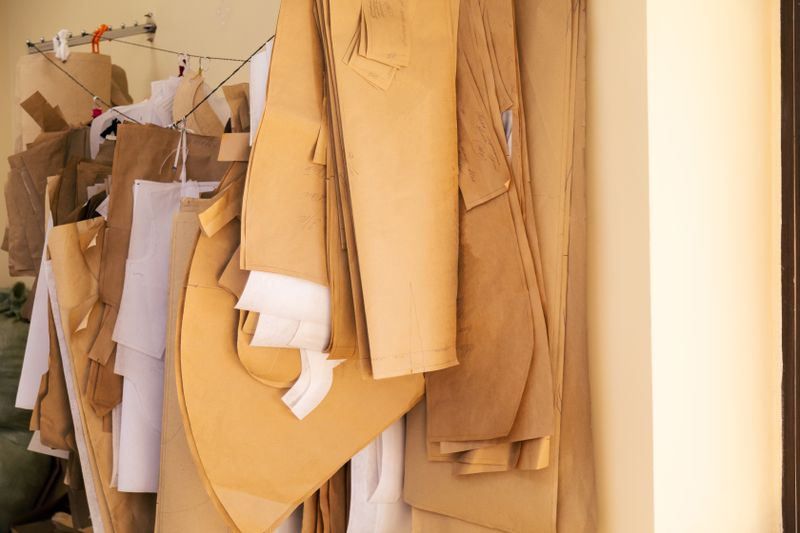 Close-up of sewing patterns hanging in a fashion design workshop.