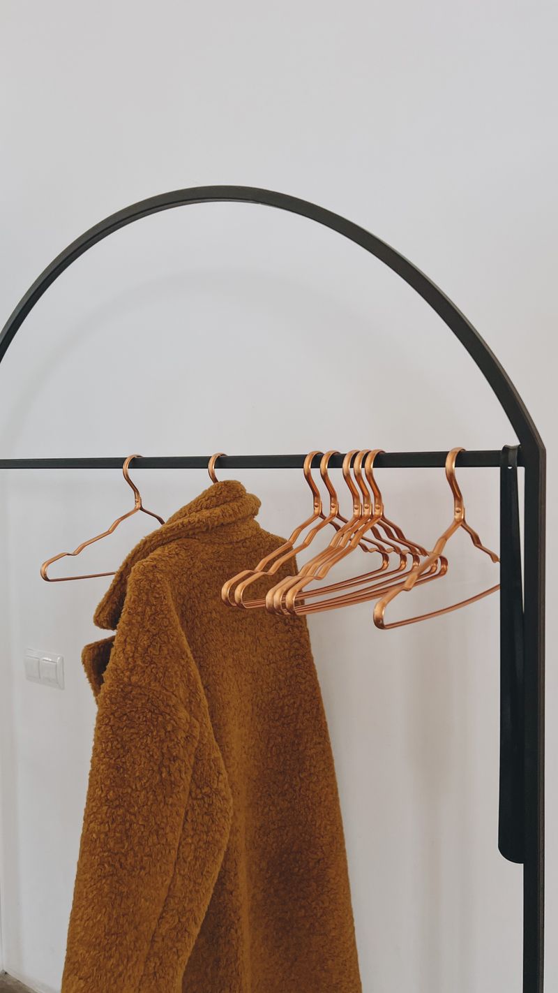 A brown coat hangs on a minimalist black clothing rack with empty wooden hangers.