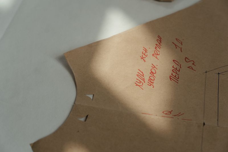 Close-up of a detailed sewing pattern drawn on brown craft paper with red text.