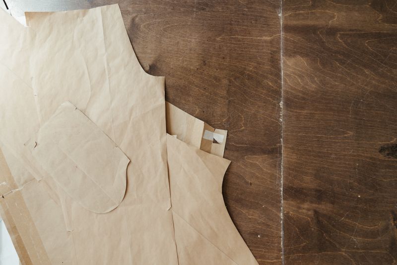 Close-up of a sewing pattern on a wooden surface.