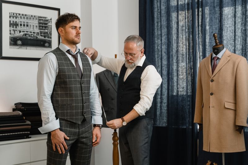 Tailor adjusts a client's suit in a classic atelier setting.