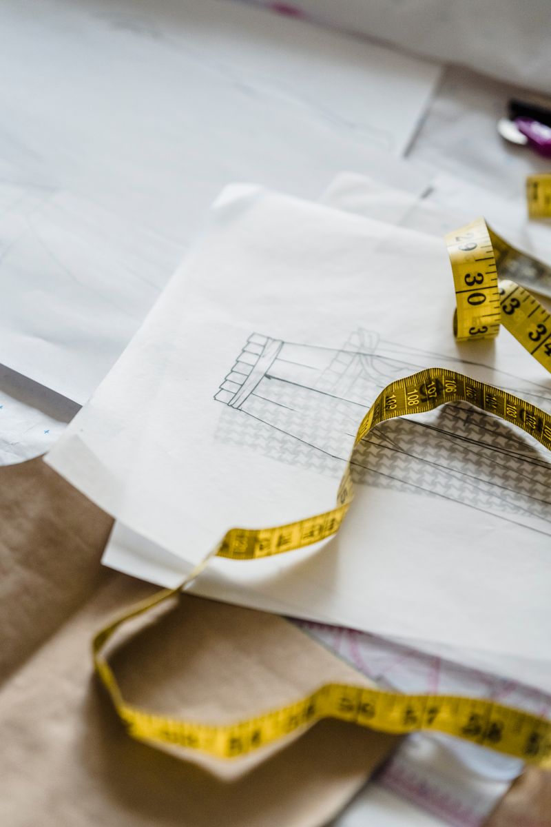 Measuring tape on paper with a draft of a garment in an atelier.
