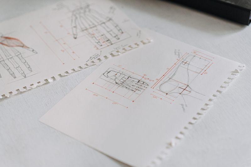 Close-up of detailed technical drawings on neatly arranged white paper sheets.
